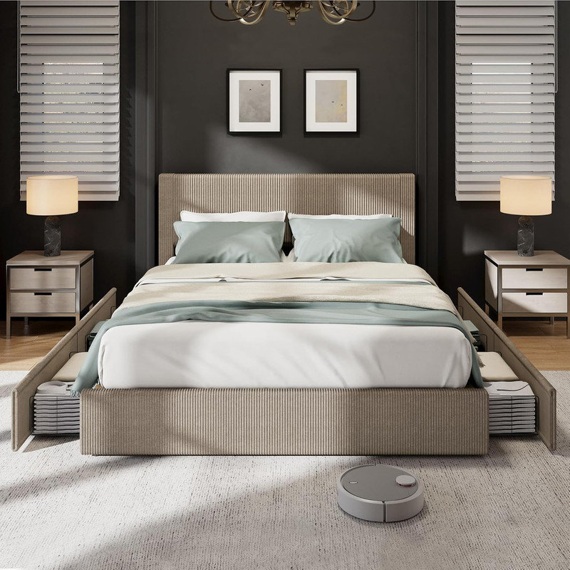 Full/Queen/King Bed Frame with Wingback Headboard - 4 Storage Drawers, Corduroy Upholstered, No Box Spring, Queen, Brown