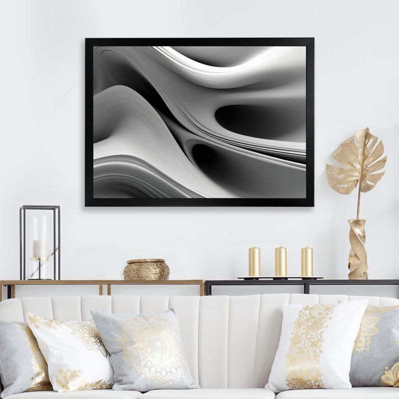 Blanc noir infini ondulations - art mural abstrait vagues modernes pour le salon, Cadre simple noir