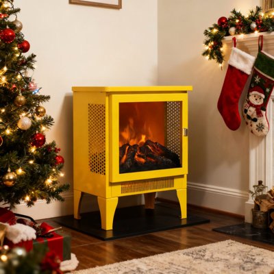 Poêle électrique autoportant jaune citron de 18 pouces, effet de flamme 3D, puissance thermique de 1400W / 700W, 5000 S par heure, 400 pieds carrés Pi. Chauffage, protection contre la surchauffe et les fusibles, vue panoramique, amovible