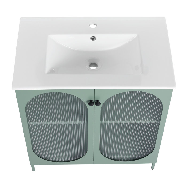 Meuble-lavabo autoportant de 30 pouces avec lavabo en céramique et armoire de salle de bain moderne en acier et menthe