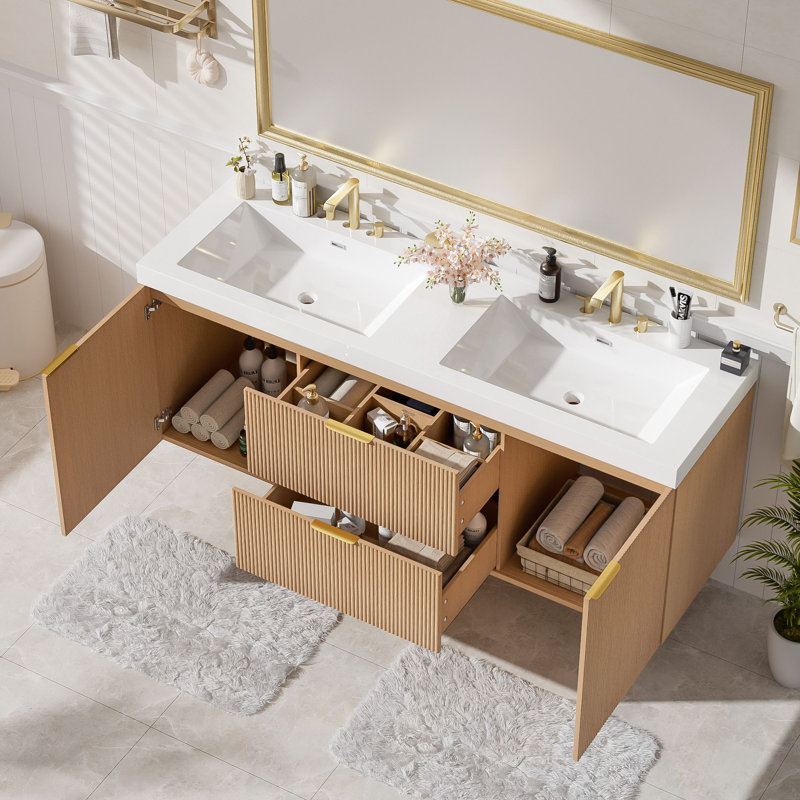 Meuble-lavabo double 59,3 po avec plateau en résine SMC, armoire en panneau de fibres à densité moyenne peint avec cadre en bois massif, portes à fermeture en douceur, tiroirs divisés, meuble-lavabo mural moderne pour les grandes salles de bain
