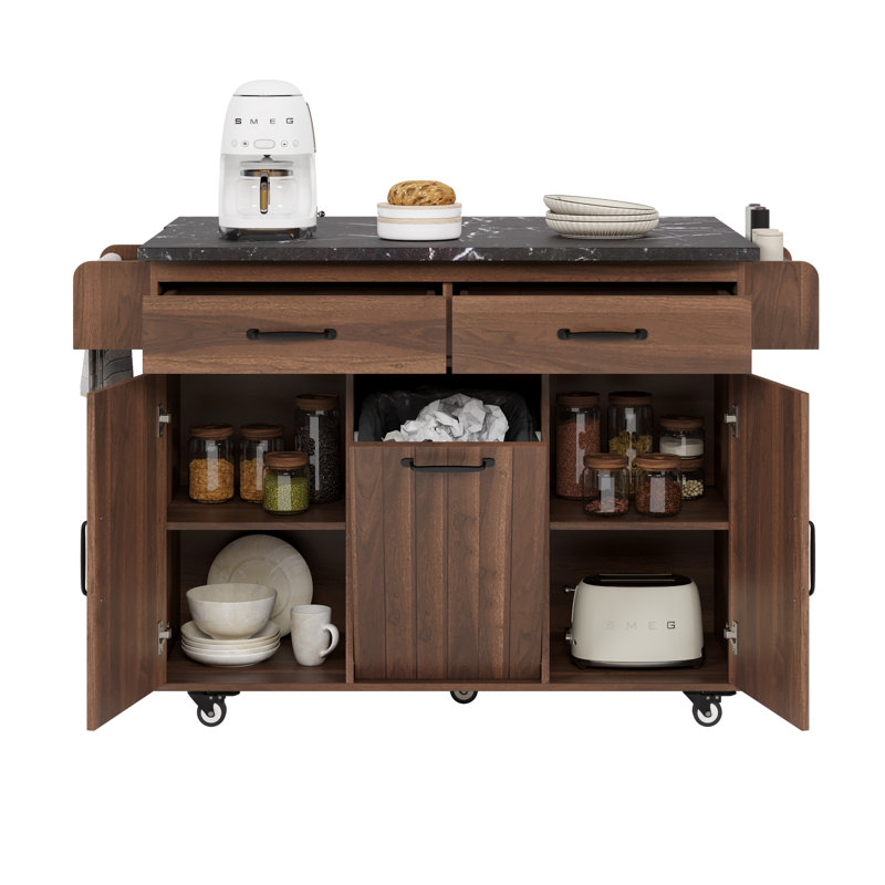 Kitchen Island With Trash Can Storage Cabinet, Kitchen Cart With Drop Leaf, Spice Rack, Towel Rack And Drawer, Rolling Kitchen Island On Wheels With Adjustable Shelf, Walnut Brown