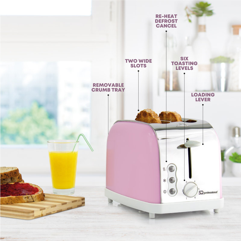 SQ Professional Dainty 2 slice Toaster with Removable Crumb Tray, Pink