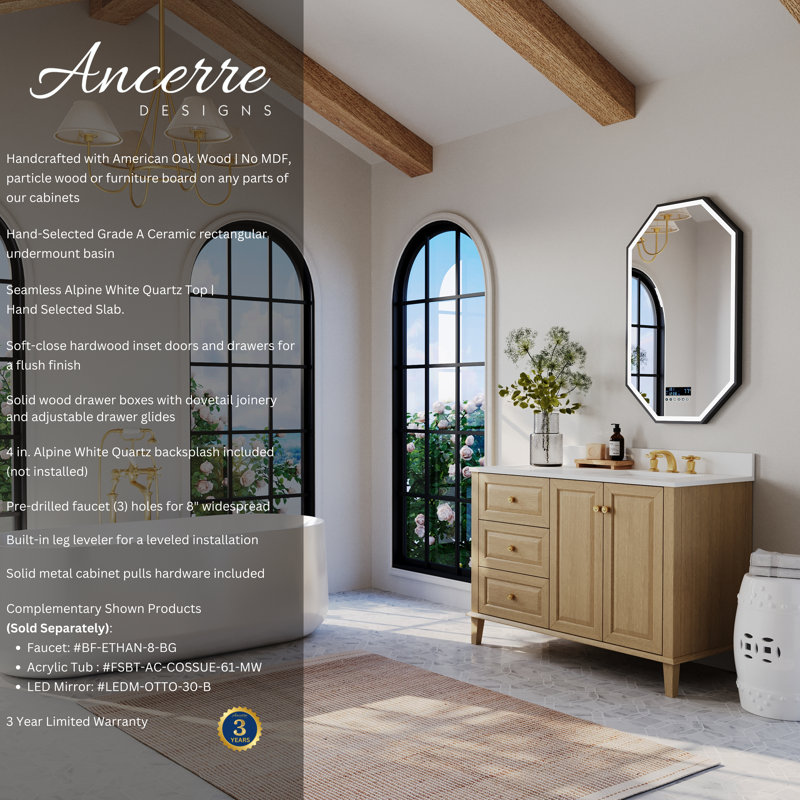 Hannah 48'' W Single Vanity, White, Right, Oak/Brushed Gold