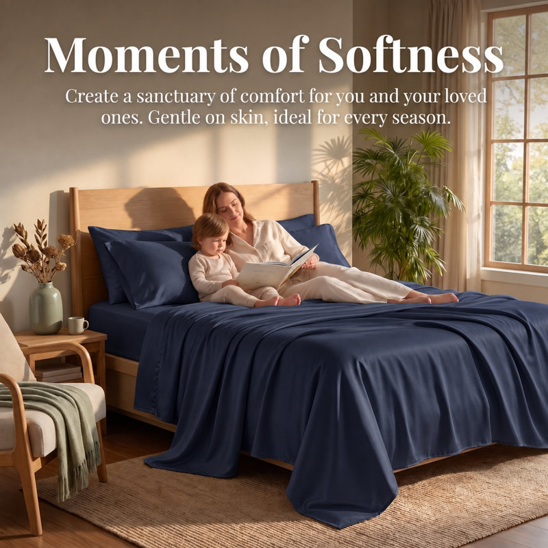 Ensemble de draps en coton 4 pièces pour lit Queen Size, draps respirants et rafraîchissants, literie douce inspirée des hôtels, draps bleu marine de luxe avec poches profondes de 40 cm, infroissables et faciles d'entretien