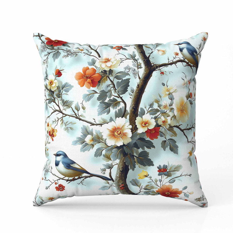 Coussin en suède deux oiseaux et fleurs, Bleu, Carré 16 po