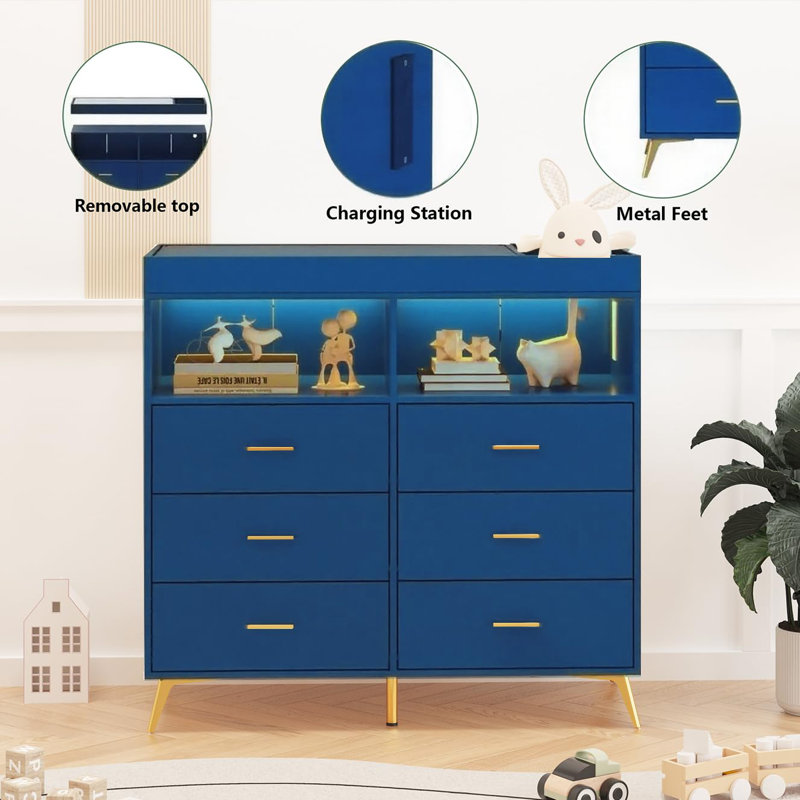 Changing Table Dresser with Drawers, Baby Dresser with Changing Table Top, Power Outlet, LED Light & Metal Feet, Diaper Changing Station Nursery Organizer for Infants