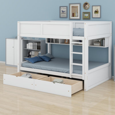 Functional Bunk Bed with Shelves, LED Light and 2 Drawers
