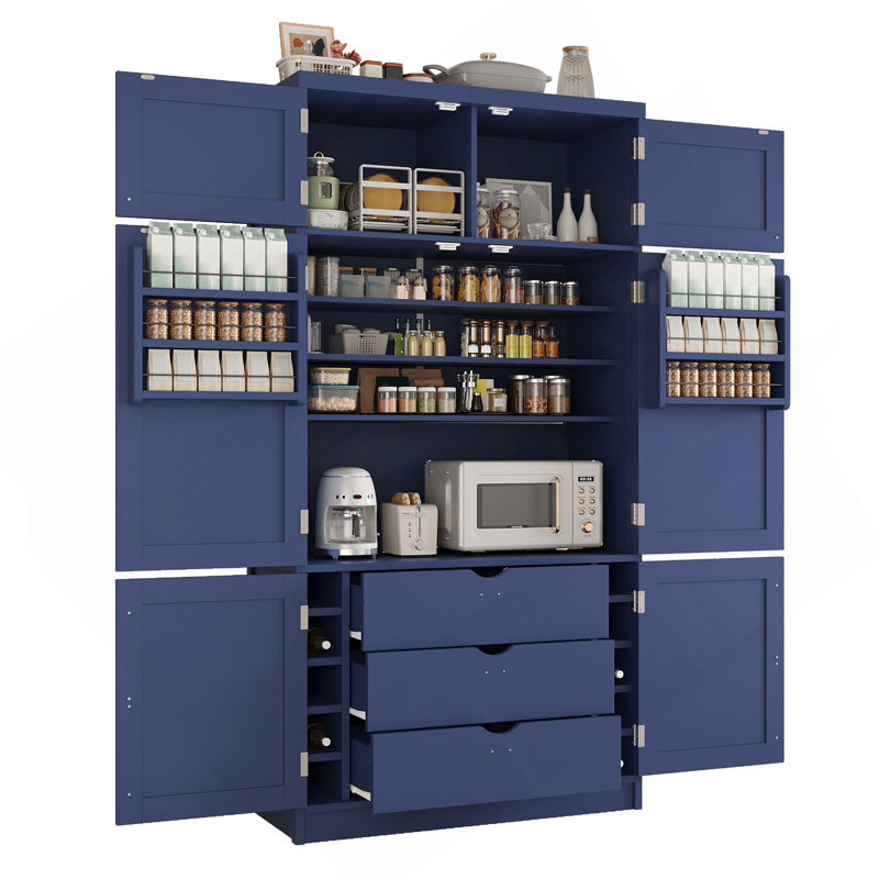 80.1'' Tall Freestanding Kitchen Pantry, 41.3''X18.2'' Large Shaker Style Storage Cabinet Cupboard With 2 Power Outlets, Adjustable Shelves And Door Shelves, Blue
