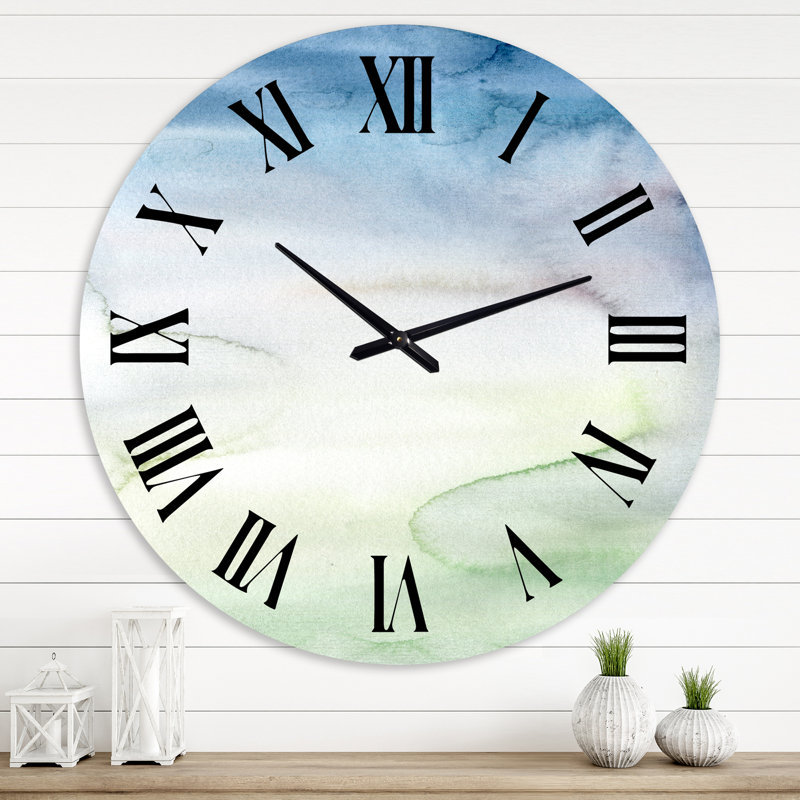 Horloge murale moderne pastel abstrait avec taches bleu foncé, vertes et blanches, Moyenne