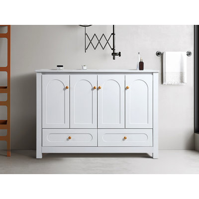 Ensemble de meuble-lavabo 48 po avec lavabo en céramique, armoire de rangement abondante, 4 portes à fermeture en douceur et 2 tiroirs