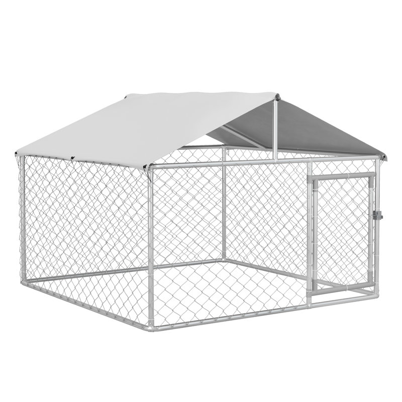 Enclos extérieur PawHut pour grand chien avec toit étanche, clôture robuste en acier galvanisé, 2 m x 2 m x 1,5 m, argent