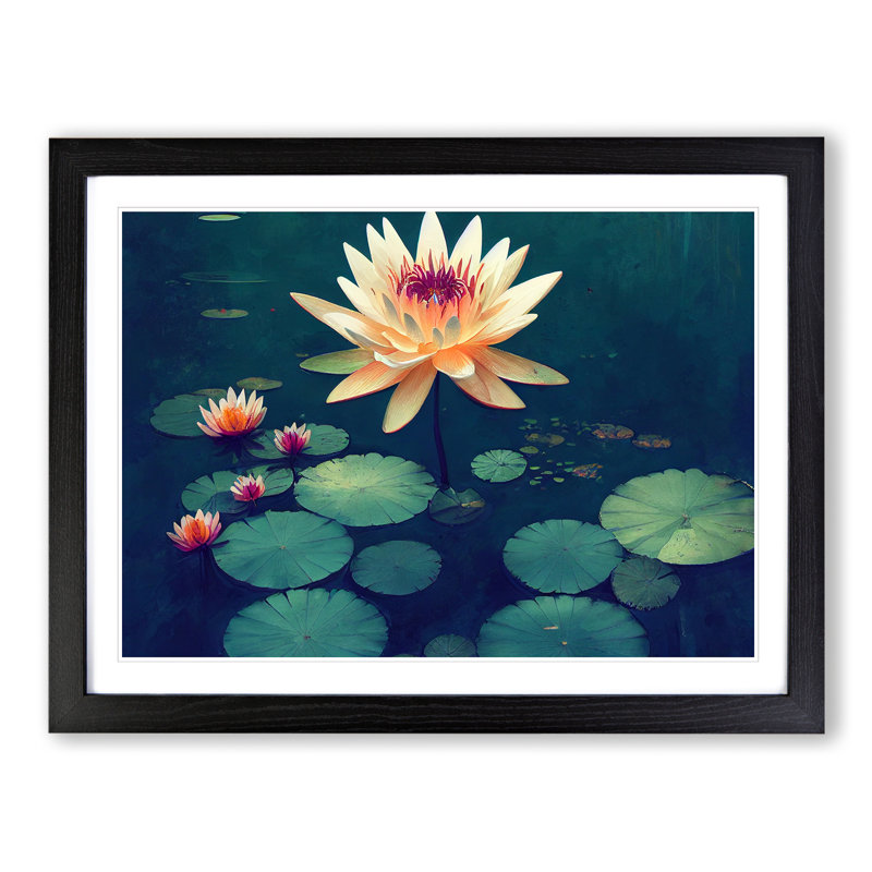 Bright Water Lily Flowers - Single Picture Frame Painting, 46cm H x 64cm W x 2cm D, Black Framed