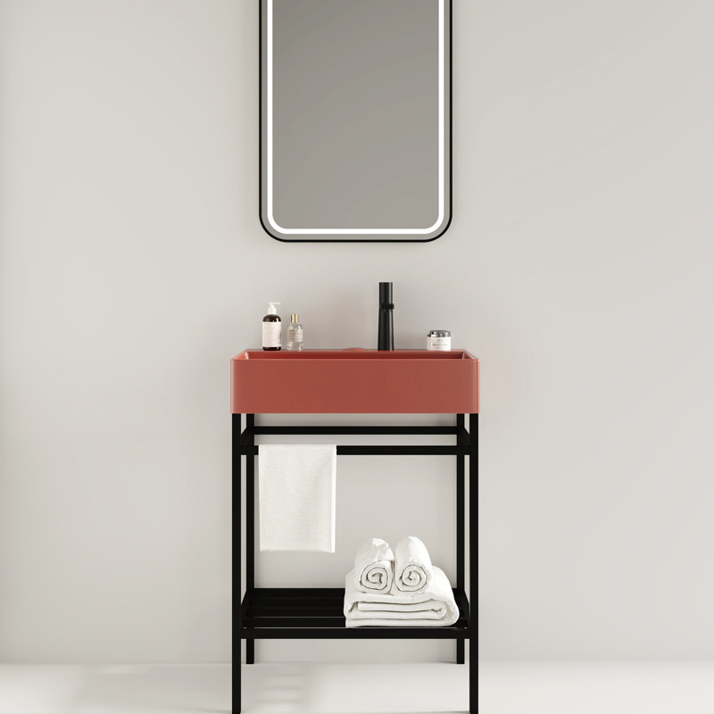 Meuble-lavabo de salle de bain avec lavabo en céramique rouge - rangement noir brillant 24 po, Rouge, Noir