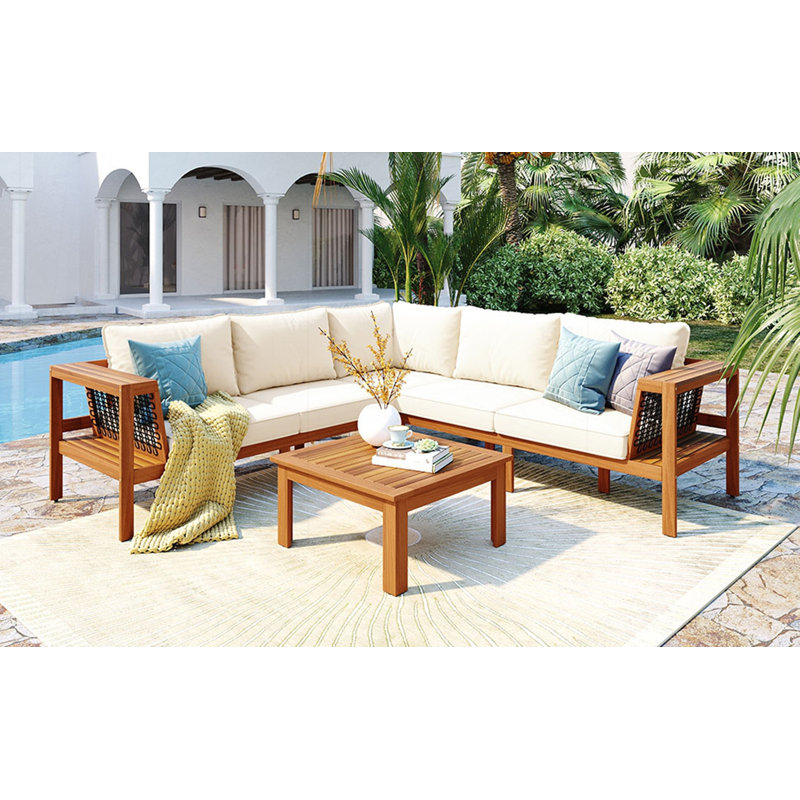 Ensemble de patio 4 pièces en bois d'acacia avec accoudoirs tissés, canapé en L, table basse et coussins pour la détente en plein air