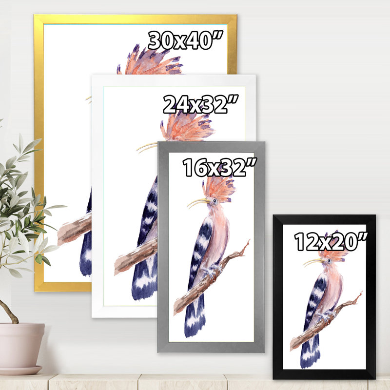 Rétro oiseau huppé sur une branche - peinture sur toile, H 32 po x l 16 po x P 1,5 po, Toile avec cadre noir