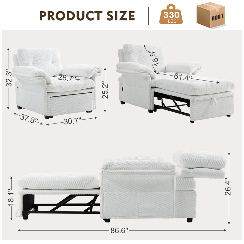 Meissalivve 3-in-1 Convertible Sleeper Chair, Sofa Bed With Usb Ports & Storage Pockets, Pull-out Single Couch Bed For Living Room (white)