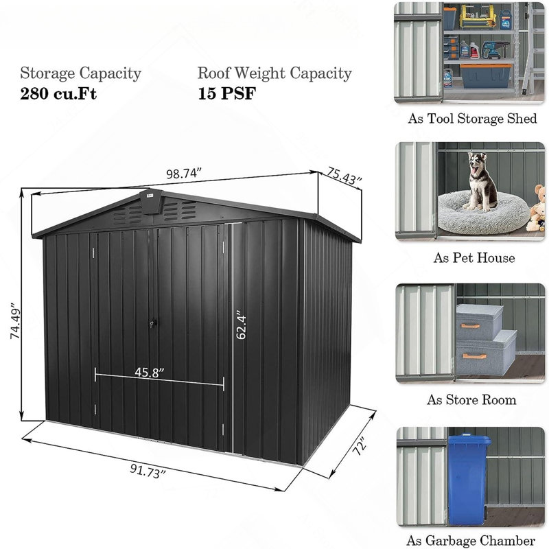 Remise de rangement extérieure 8,2 pi x 6,2 pi, Gris foncé, H 74,49 po x l 75,43 po x P 98,74 po