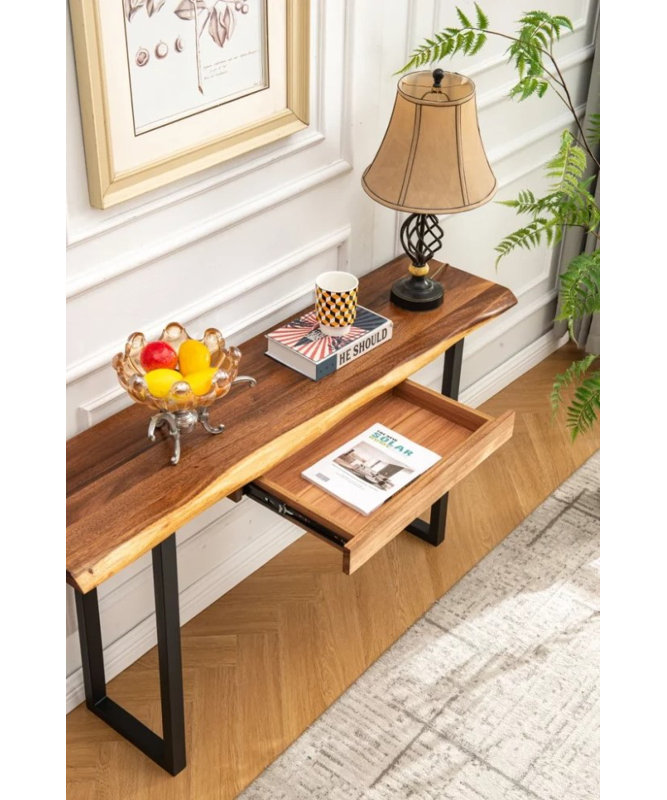  Console Table with U Shaped Legs and South American Walnut, Live Edge Desk with Drawer Storage, 29.5'' H x 42'' W x 13'' D