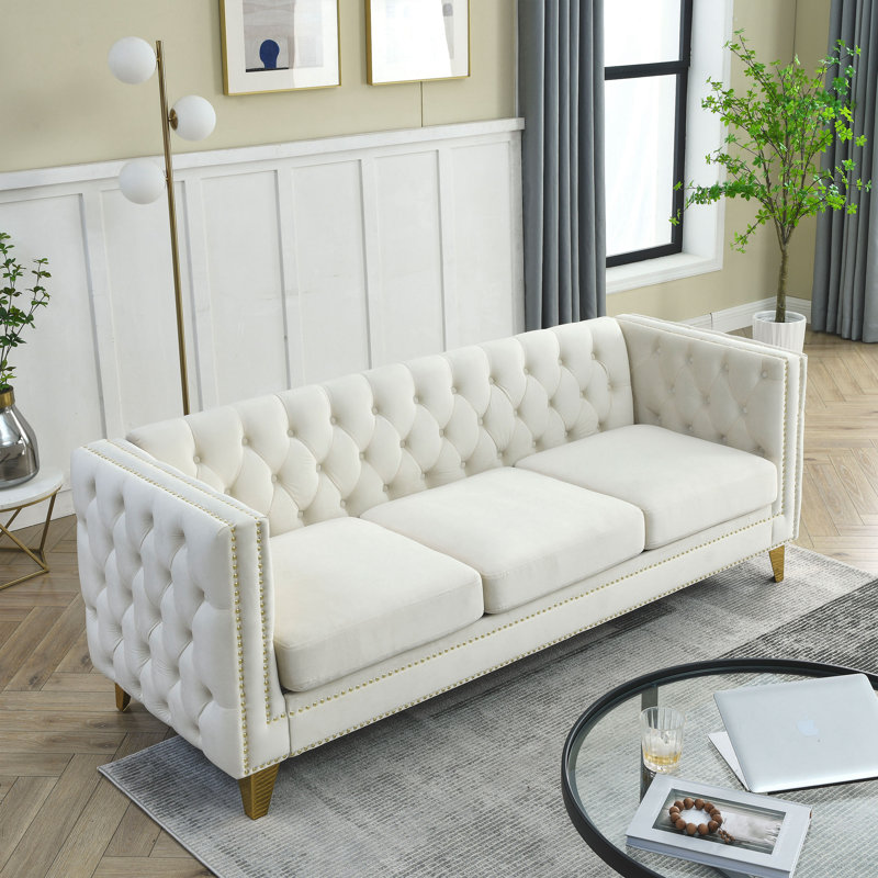 Adas 80.5'' Velvet Sofa, Beige Velvet, 29" H x 80.5" W x 30.5" D