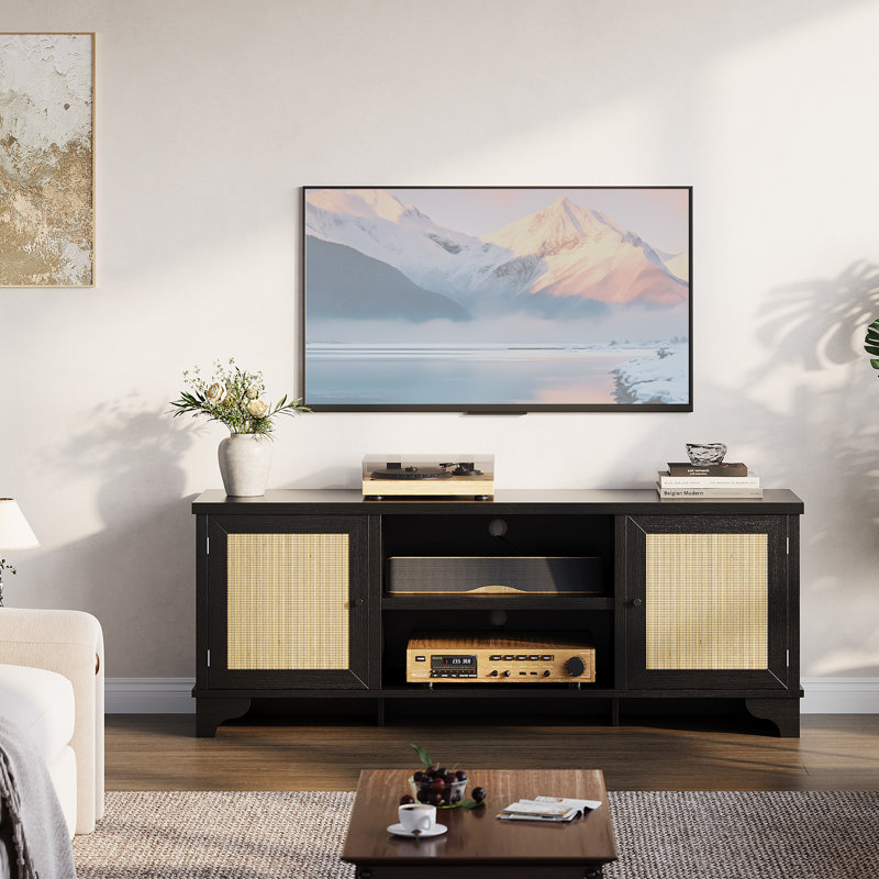 Meuble télé pour téléviseur de 65 po ou moins, meuble télé avec armoires et tablettes ouvertes