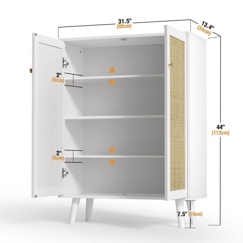 White Freestanding Rattan 2-Door Accent Cabinet with Adjustable Shelves
