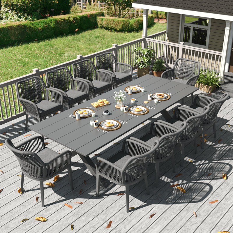 11 Pieces Outdoor Dining Set With Rectangular Dining Table And 10 Chairs, Dark Gray Cushion/ Gray Frame, 10, Gray