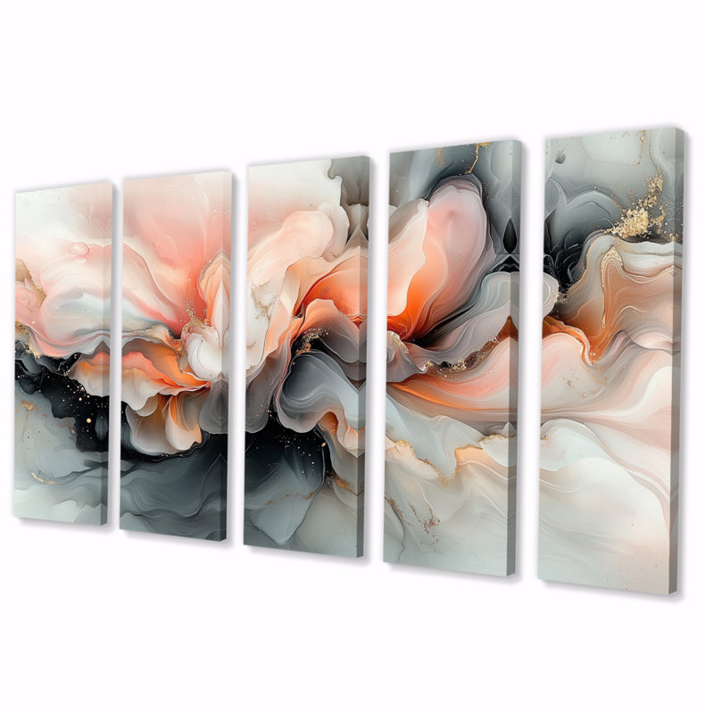 Géode abstraite rose et gris en forme de marbre II - ensemble d'art mural en marbre, H 32 po x l 80 po