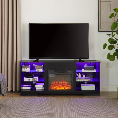 Meuble télé Meuble télé avec foyer électrique et tablettes en verre, Meuble télé avec foyer à lumières 3D en bois et prise de charge USB