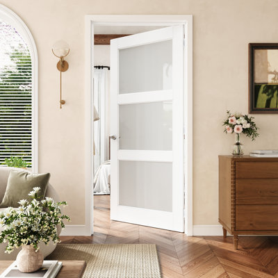 32" x 80" 3-Lite Frosted Glass Interior Prehung Door with Silver Hinges, Privacy Glass Door Slab with Frame, Interior Door as Pantry Door, Bedroom Door, Laundry Door, Closet Doors, Room Doors, Right Hand