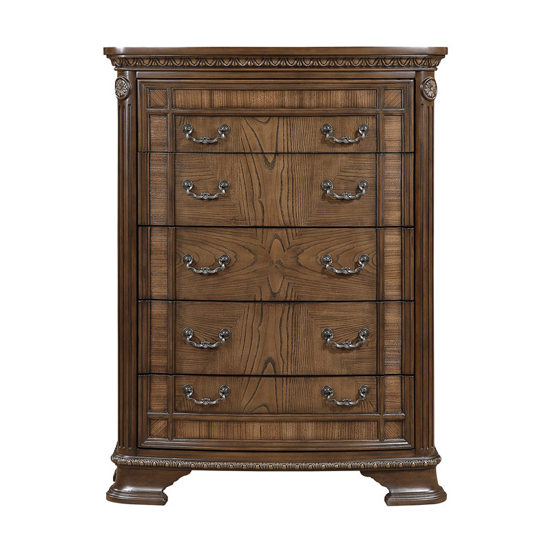 Commode de rangement élégante au design traditionnel avec 5 tiroirs en bois brun foncé et meubles de chambre à coucher formels 1 pièce