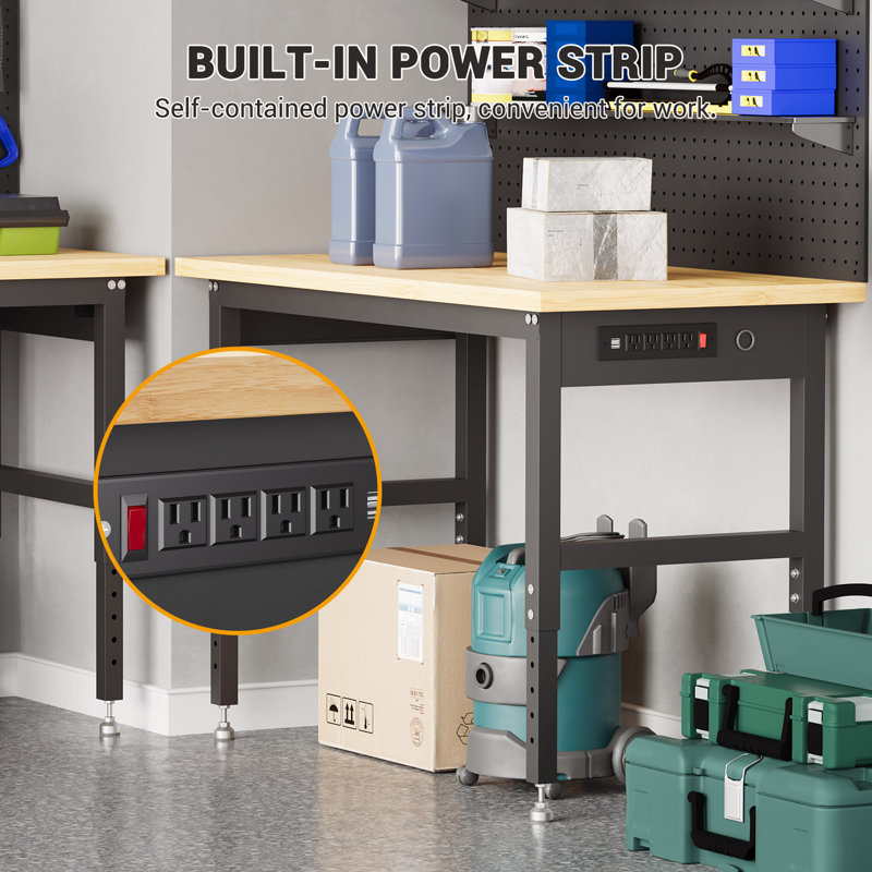 Adjustable 2-Tier Workbench with Pegboard and Power Outlets, Work Table for Garage