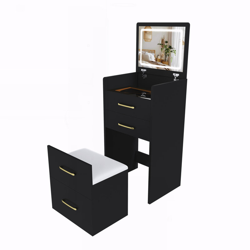 Bureau de coiffeuse 3 en 1 avec miroir rabattable, bureau en verre et tabouret rembourré, Black