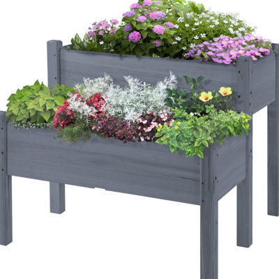 34"X34"X28" 2 Elevated Planter, Wood, For Backyard Patio, Cultivate Veggies Herbs Flowers, Gray Wood Planter Container, Backyard, Grow Veggies, Herbs, Blossoms,