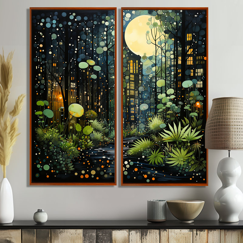 Vert et jaune, Urban Jungle II - ensemble d'art mural moderne de 2, 32" H x 32" W, Impression encadrée flottante, Brown