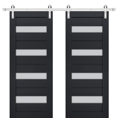 Porte de grange double robuste avec vitrage dépoli Veregio 7455 Anthracite, supports de rail de 13 pi, portes intérieures à panneaux pleins et lourds - 64 po x 80 po (2 x 32 po x 80 po) - Rail argenté