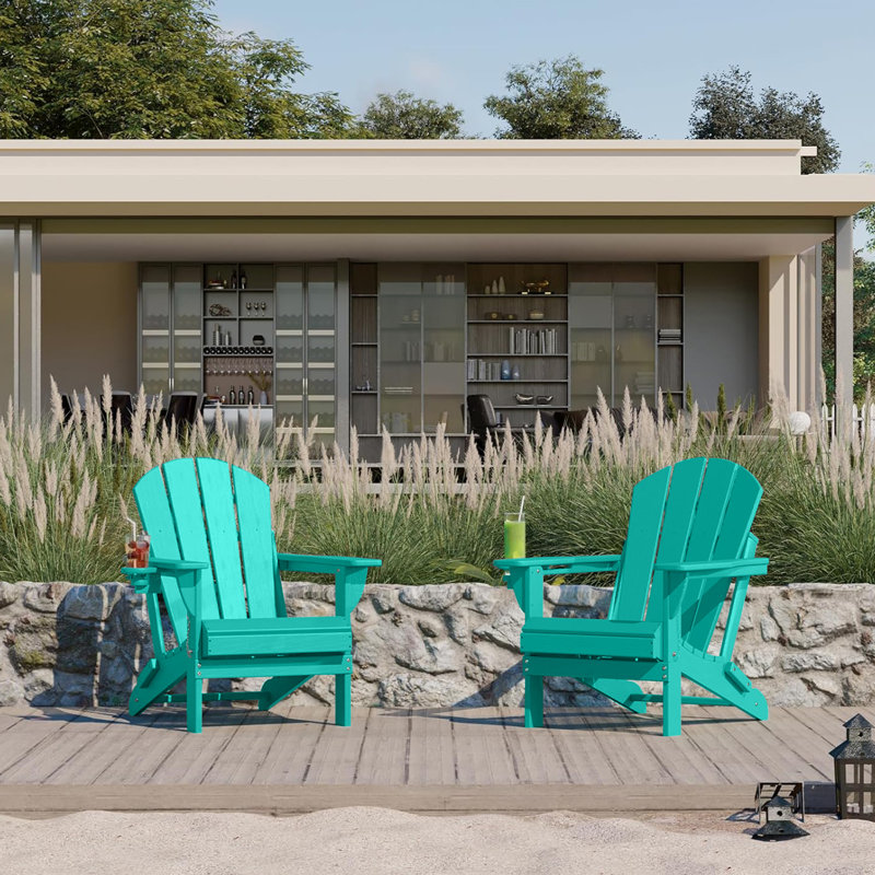 Outdoor Adirondack Chair Set Weather-Resistant HDPE Foldable Patio Chair Fire Pit Chair with Cup Holder, Lake Blue