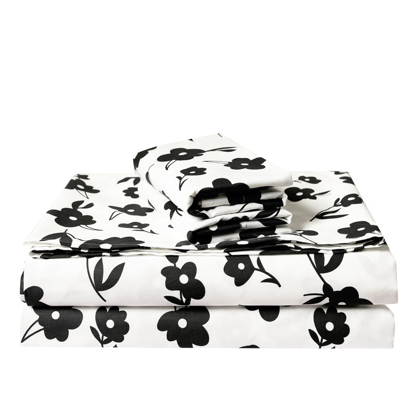 100% Cotton Twill Floral Sheet Set, King Sheet Set with 4 Pillowcases
