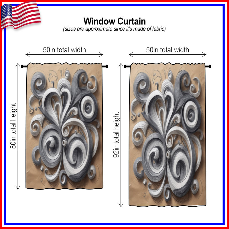 Rideaux tourbillonnants gris et blanc à volutes, Transparent, 50 po x 80 po - 1 panneau