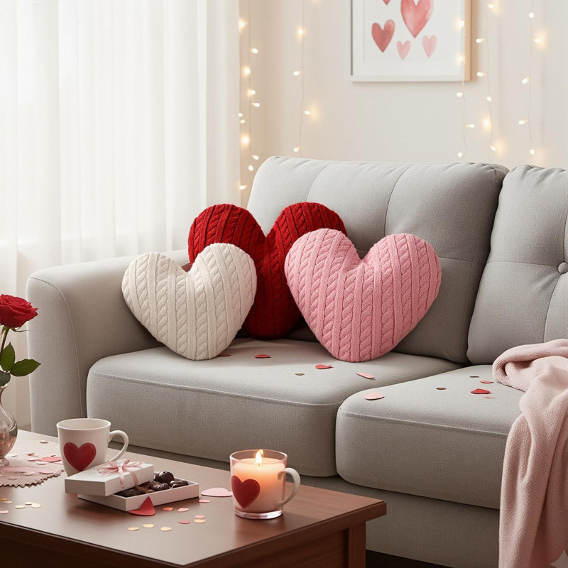 Coussins de la Saint-Valentin: ensemble de 3 coussins décoratifs en cœur texturé en tricot torsadé, coussins doux pour la Saint-Valentin, cadeaux romantiques pour la chambre à coucher, le salon, le canapé et le canapé