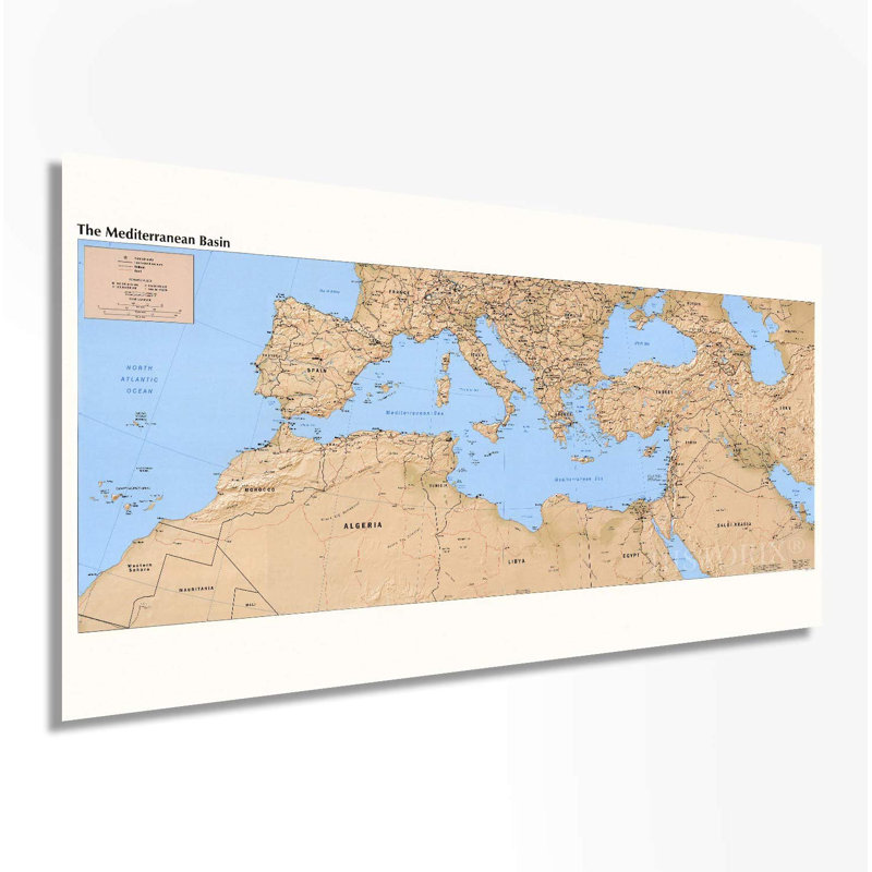 Carte de bassin de la Méditerranée - carte de 12 x 24 pouces de la région méditerranéenne - reproduction d'affiche de la carte de la Méditerranée - 2 formats