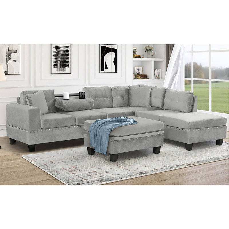 Canapé modulaire de 105 po avec repose-pieds avec rangement, canapé en L avec 2 coussins et porte-gobelets, canapé modulaire avec méridienne réversible pour le salon, gris