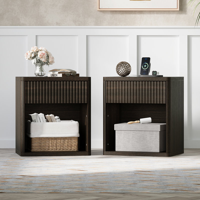 Valerica 1-Drawer Fluted Nightstand with Charging Station, Walnut