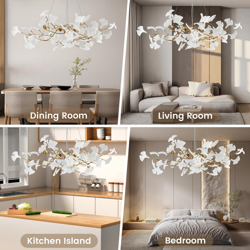 Large Ceramic Ginkgo Leaf Chandeliers with Brass Branch Shaped Frame for Dining Room Bedroom, 5 Lights