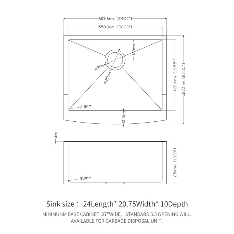 Évier de cuisine 24 po x 21 po x 10 po noir en acier inoxydable - Évier de cuisine 24 po en acier inoxydable à tablier frontal de calibre 16