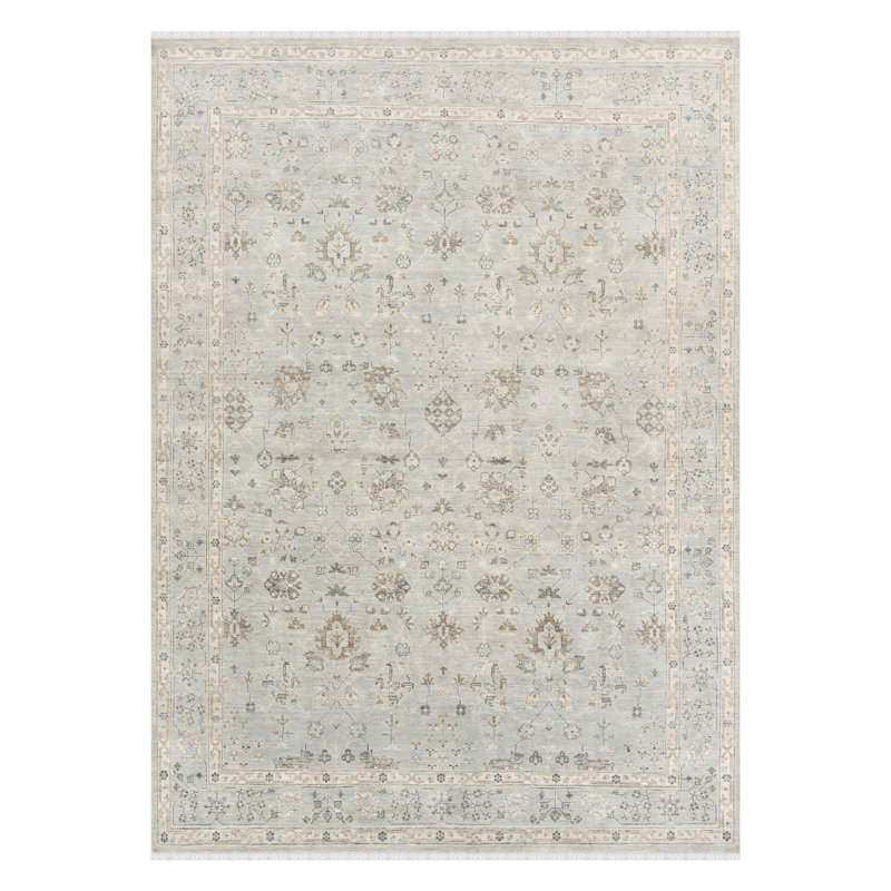 Hand-Knotted Blue Wool Fringed Area Rug, 14' x 10'
