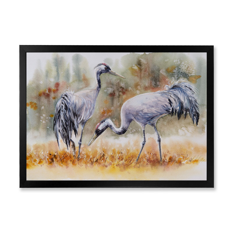 Deux grues dans les prés - Reproduction de photo sur toile, Cadre noir, H 8 po x l 12 po x P 1 po