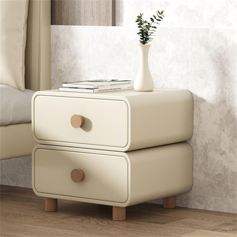 Table de chevet à deux tiroirs en bois massif de style crème, armoire de rangement minimaliste moderne avec coins arrondis et pieds en bois