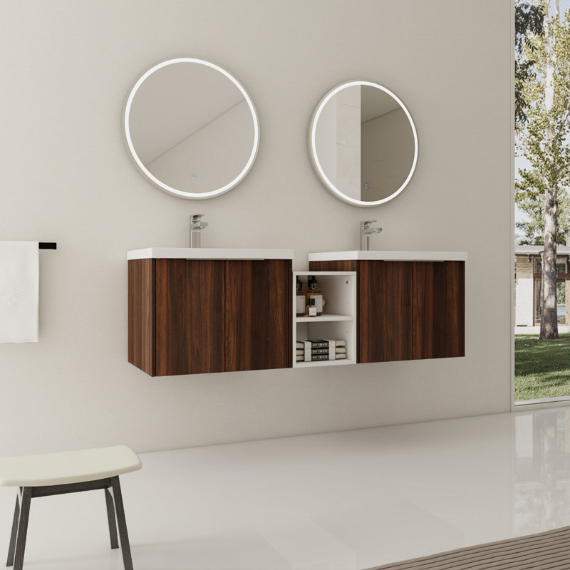 Ensemble de meuble-lavabo flottant à double porte 60 po avec lavabo en résine blanche, Noyer de Californie
