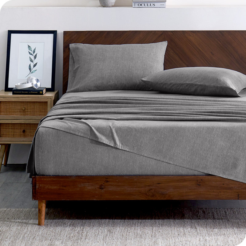 Ensemble de literie en flanelle 100 % coton, Ensemble de draps pour grand lit avec 2 taies d'or, Gris clair chiné